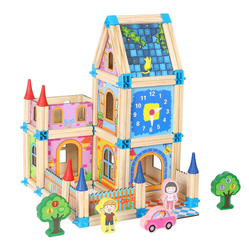 128 Pieces Wooden House Building Game Open Ended Wooden Toys